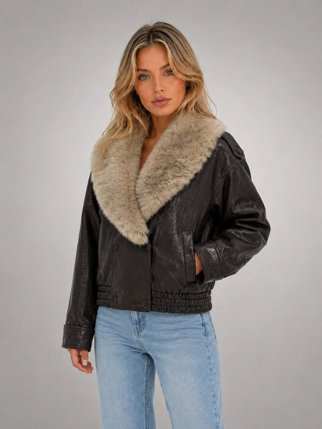 Women's Faux Fur Collar Leather-Look Jacket – Statement Outerwear in dark brown, hover view