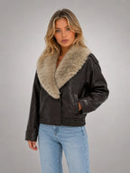 Women's Faux Fur Collar Leather-Look Jacket – Statement Outerwear in dark brown, hover view