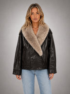 Women's Faux Fur Collar Leather-Look Jacket – Statement Outerwear