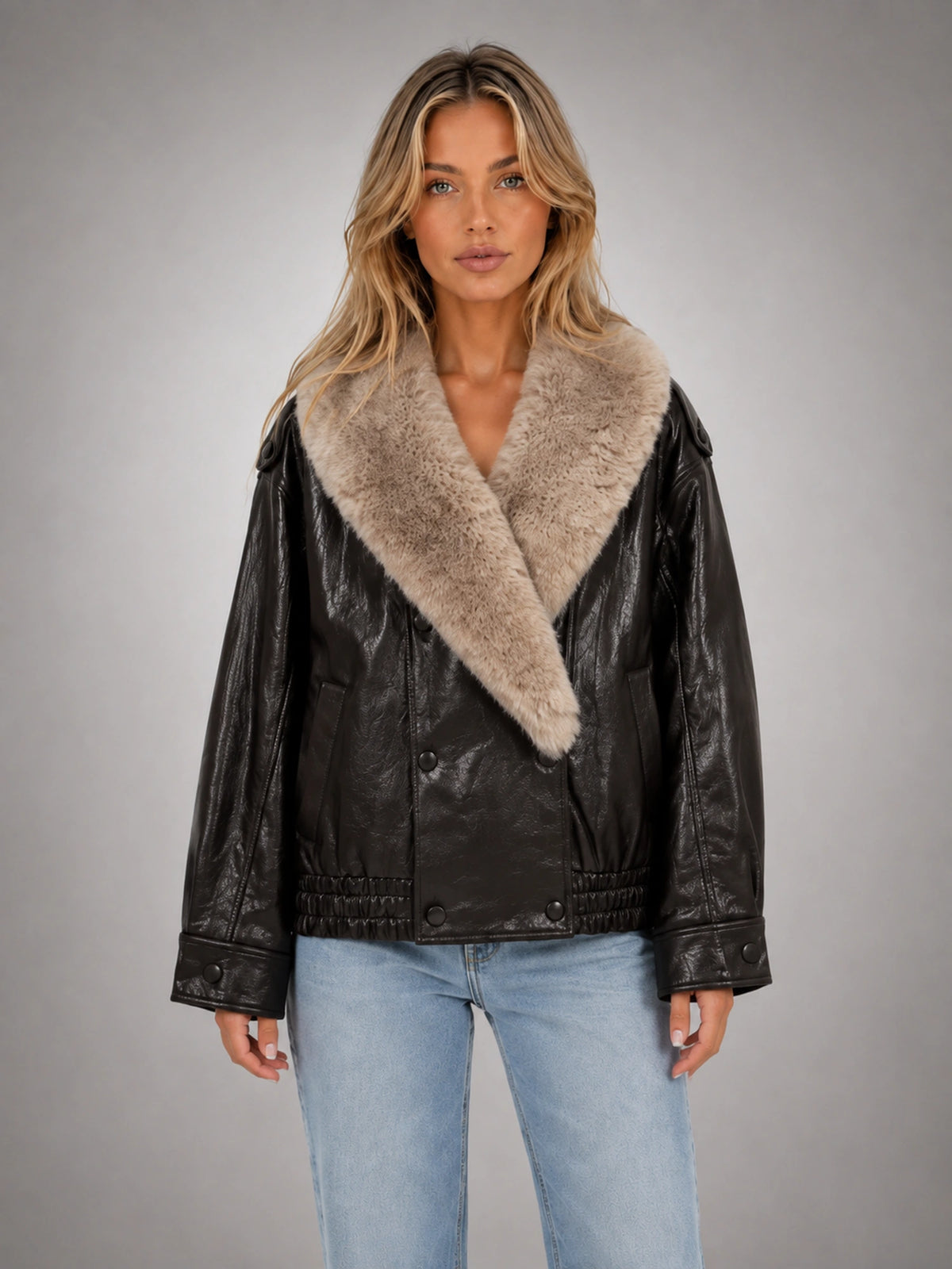Women's Faux Fur Collar Leather-Look Jacket – Statement Outerwear