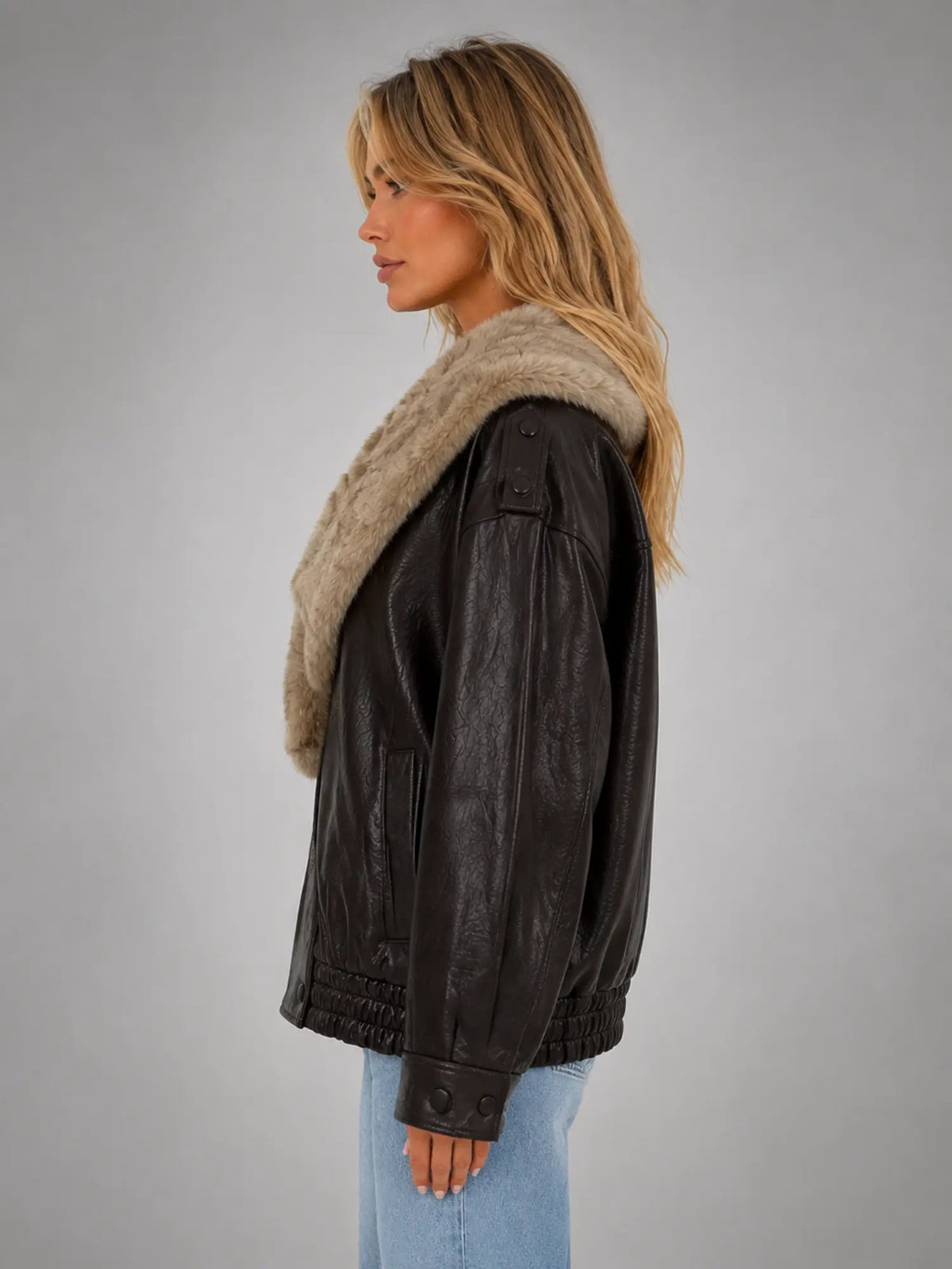 Women's Faux Fur Collar Leather-Look Jacket – Statement Outerwear in dark brown, side view