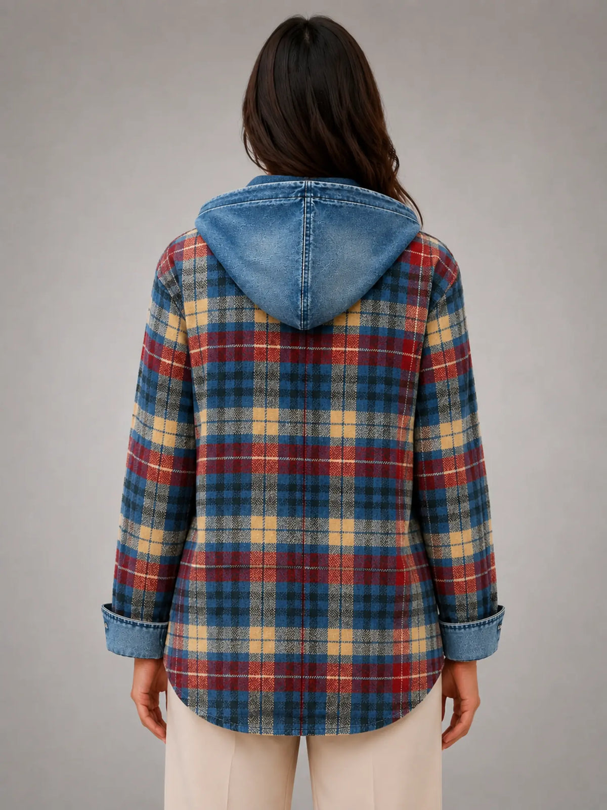 Women's Hooded Plaid Denim Shacket – Relaxed Layering Style in multicolour plaid, back view