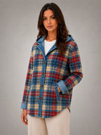 Women's Hooded Plaid Denim Shacket – Relaxed Layering Style in multicolour plaid, hover view