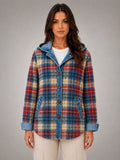 Women's Hooded Plaid Denim Shacket – Relaxed Layering Style in multicolour plaid, main view