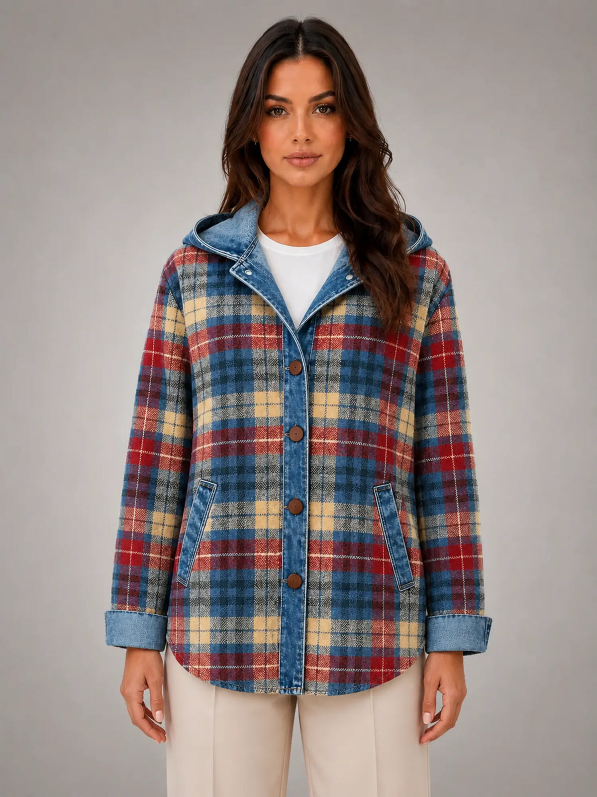 Women's Hooded Plaid Denim Shacket – Relaxed Layering Style in multicolour plaid, main view