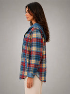Women's Hooded Plaid Denim Shacket – Relaxed Layering Style in multicolour plaid, side view