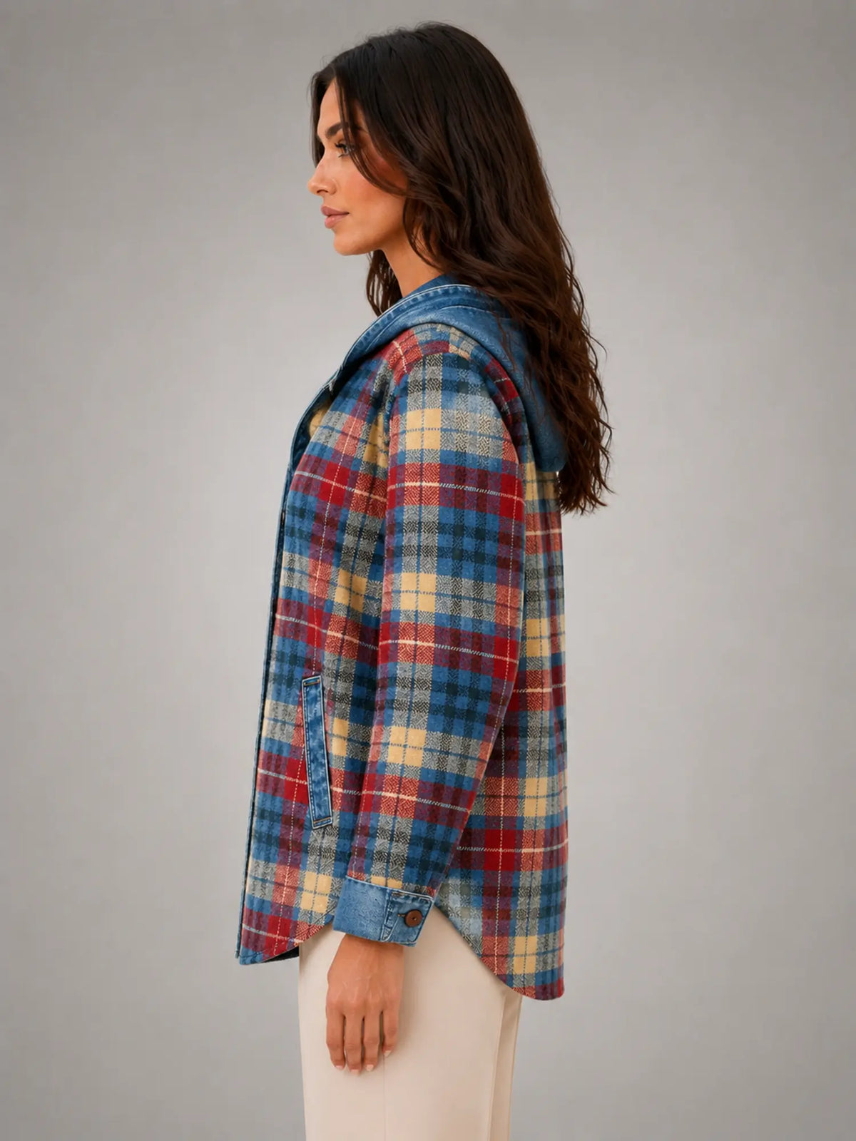 Women's Hooded Plaid Denim Shacket – Relaxed Layering Style in multicolour plaid, side view