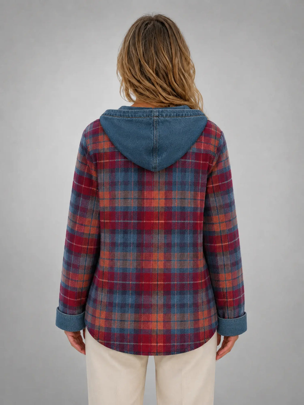 Women's Hooded Plaid Denim Shacket – Relaxed Layering Style in red blue plaid, back view