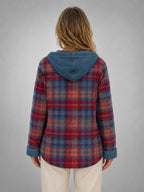 Women's Hooded Plaid Denim Shacket – Relaxed Layering Style in red blue plaid, back view