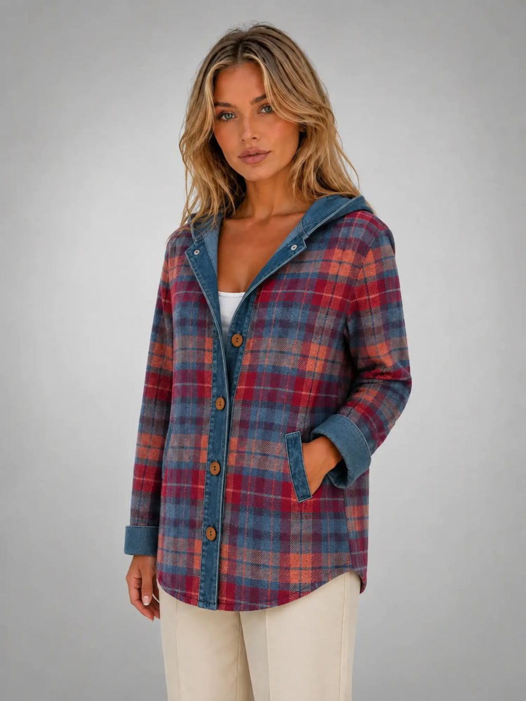 Women's Hooded Plaid Denim Shacket – Relaxed Layering Style in red blue plaid, hover view