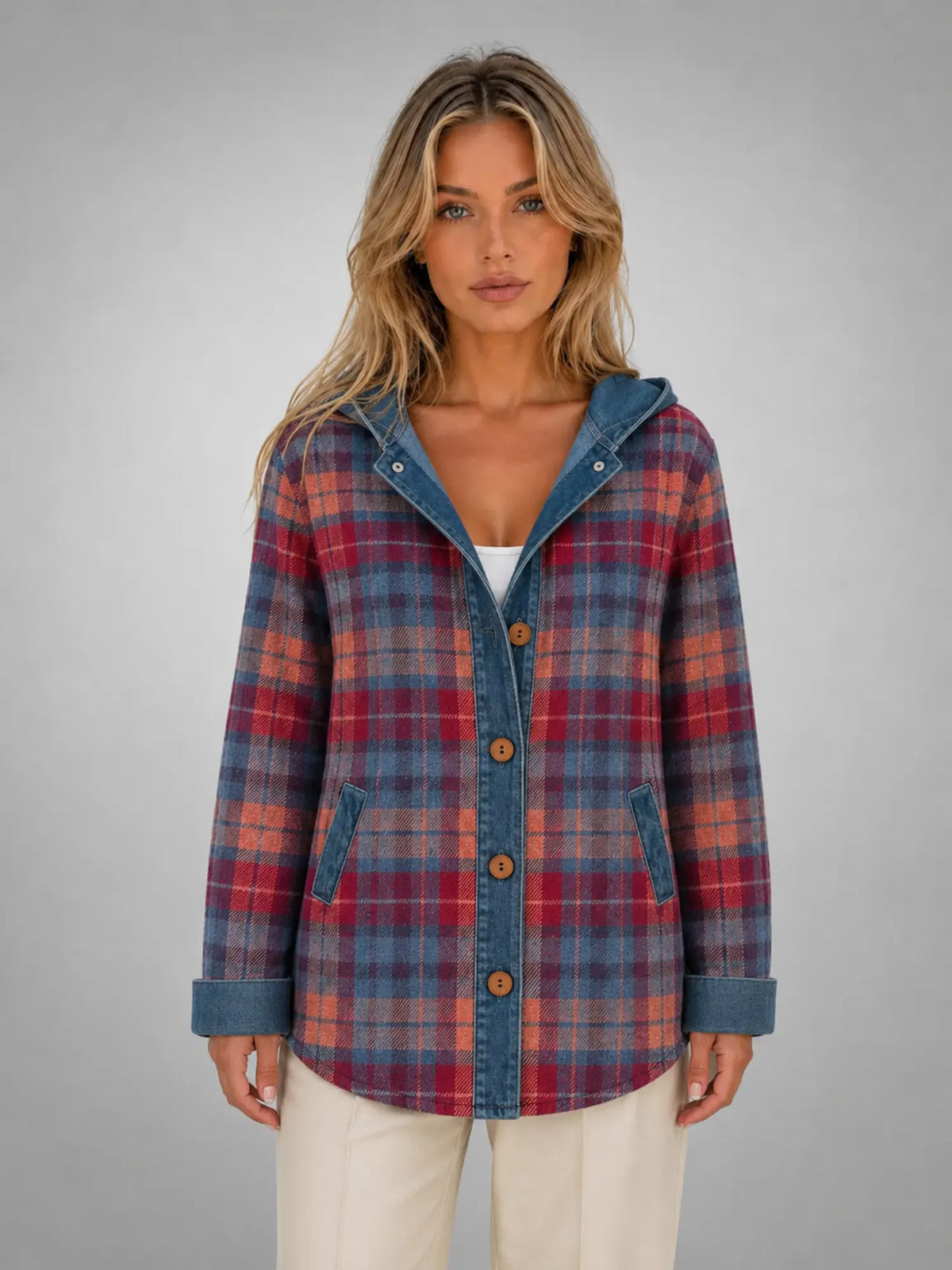 Women's Hooded Plaid Denim Shacket – Relaxed Layering Style in red blue plaid, main view