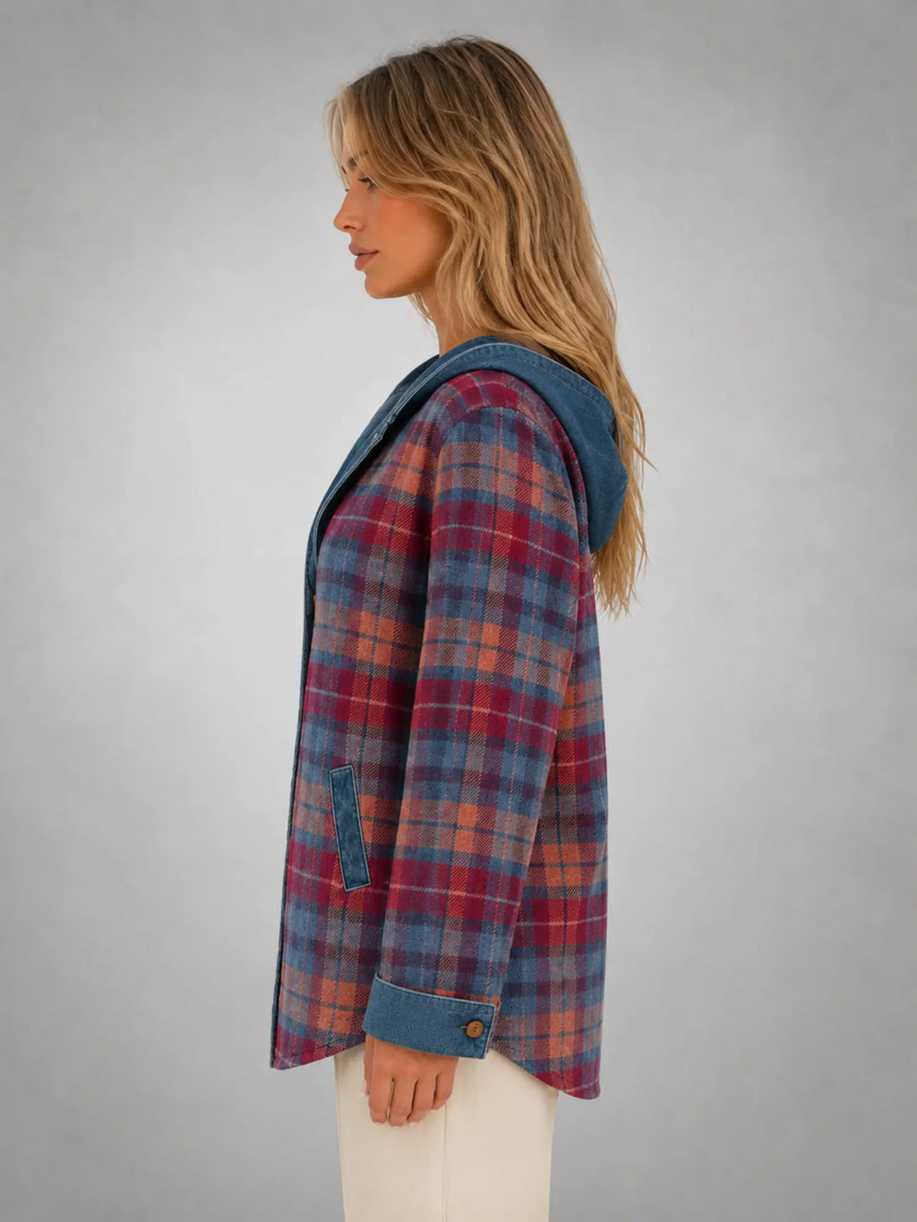 Women's Hooded Plaid Denim Shacket – Relaxed Layering Style in red blue plaid, side view