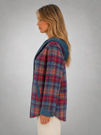 Women's Hooded Plaid Denim Shacket – Relaxed Layering Style in red blue plaid, side view