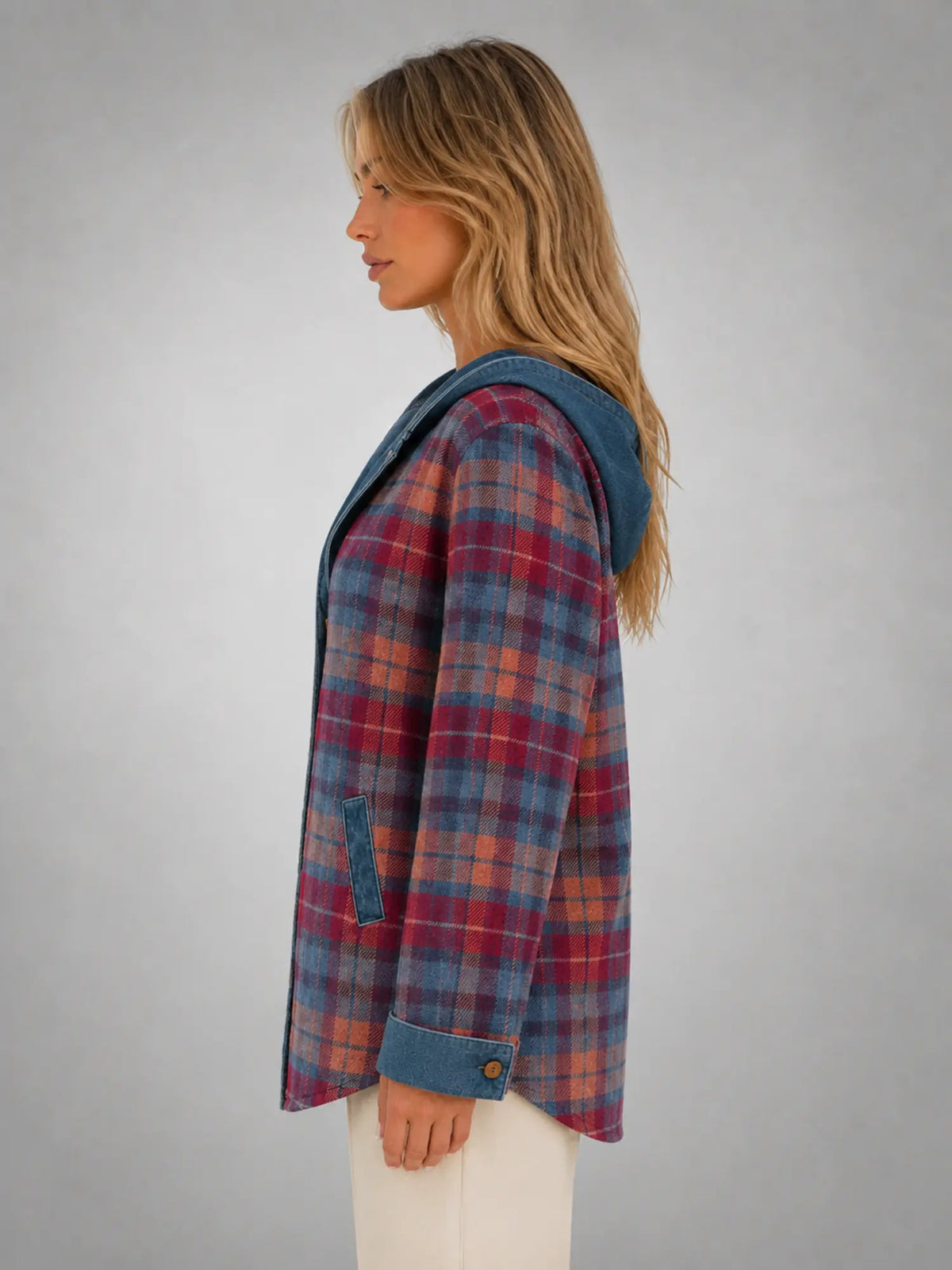 Women's Hooded Plaid Denim Shacket – Relaxed Layering Style in red blue plaid, side view