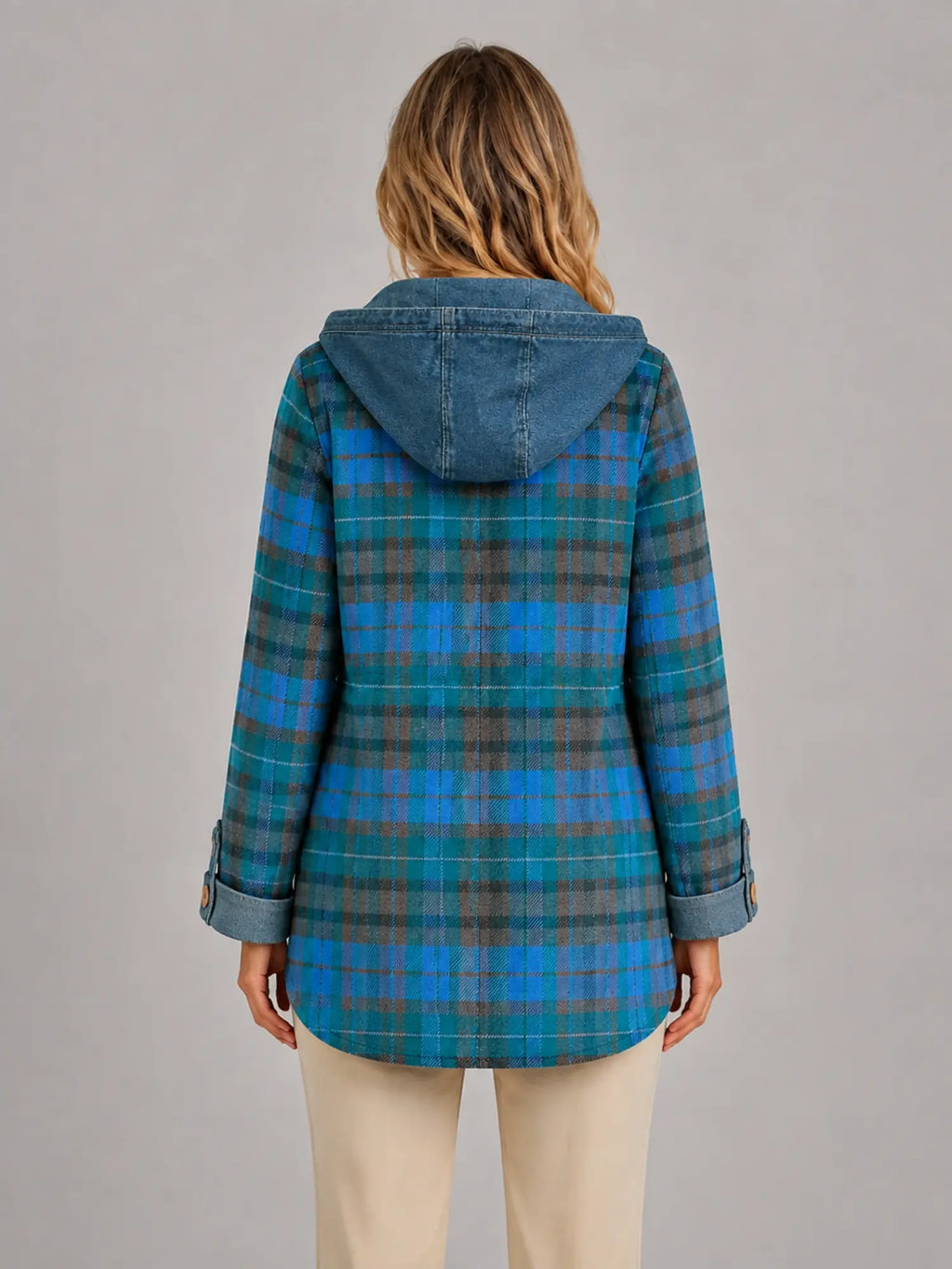 Women's Hooded Plaid Denim Shacket – Relaxed Layering Style in teal blue plaid, back view