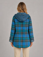Women's Hooded Plaid Denim Shacket – Relaxed Layering Style in teal blue plaid, back view