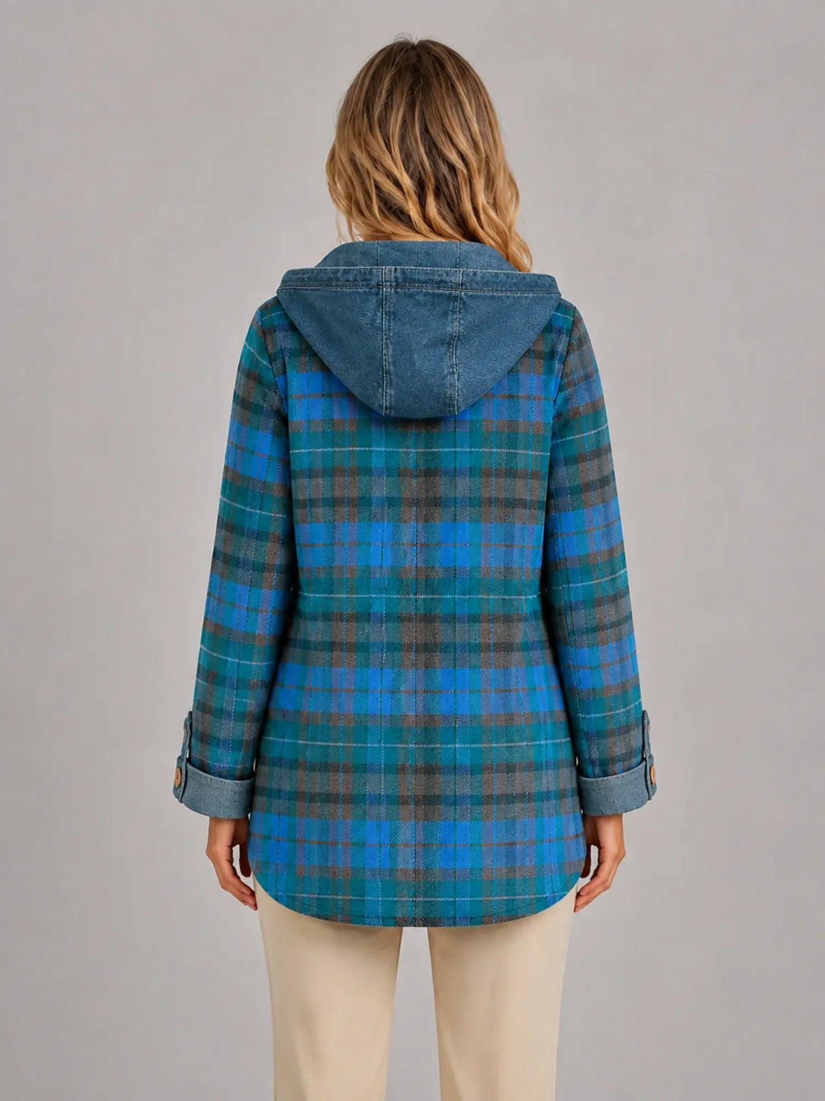 Women's Hooded Plaid Denim Shacket – Relaxed Layering Style in teal blue plaid, back view