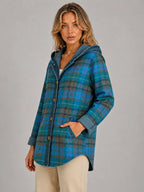 Women's Hooded Plaid Denim Shacket – Relaxed Layering Style in teal blue plaid, hover view