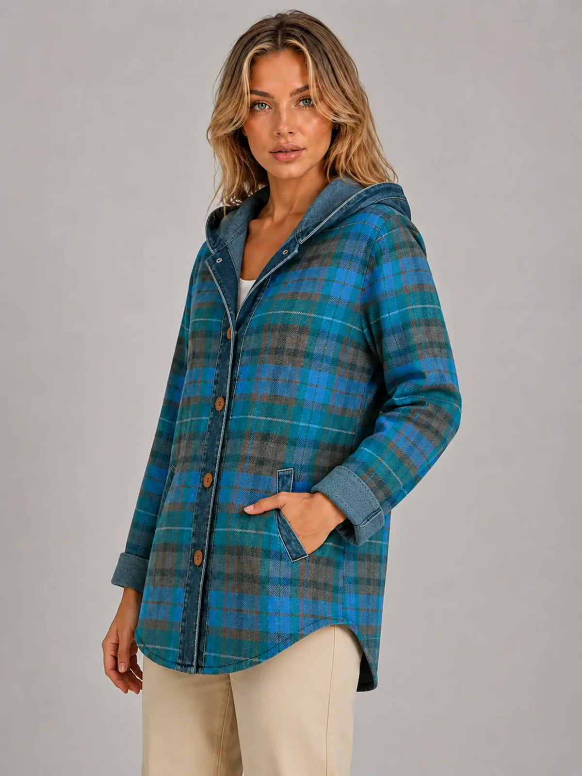 Women's Hooded Plaid Denim Shacket – Relaxed Layering Style in teal blue plaid, hover view
