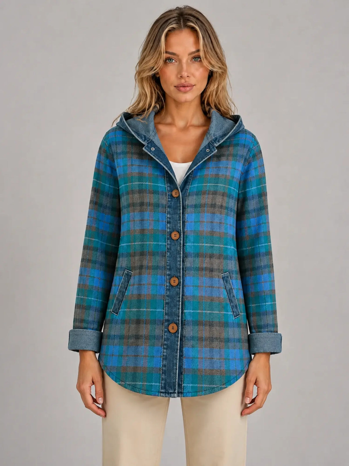 Women's Hooded Plaid Denim Shacket – Relaxed Layering Style in teal blue plaid, main view
