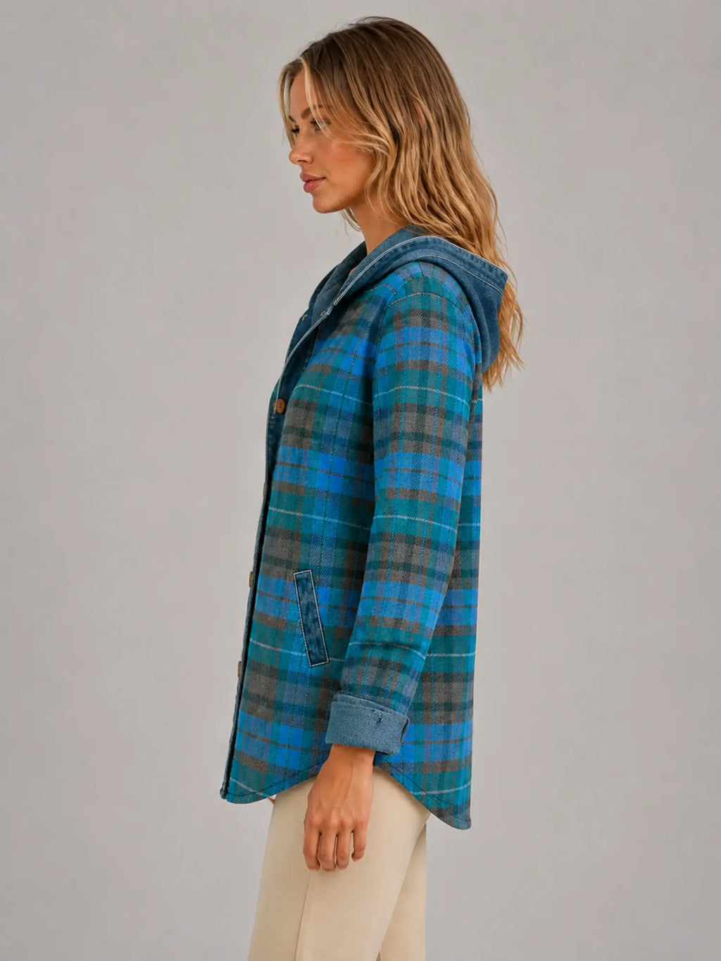 Women's Hooded Plaid Denim Shacket – Relaxed Layering Style in teal blue plaid, side view