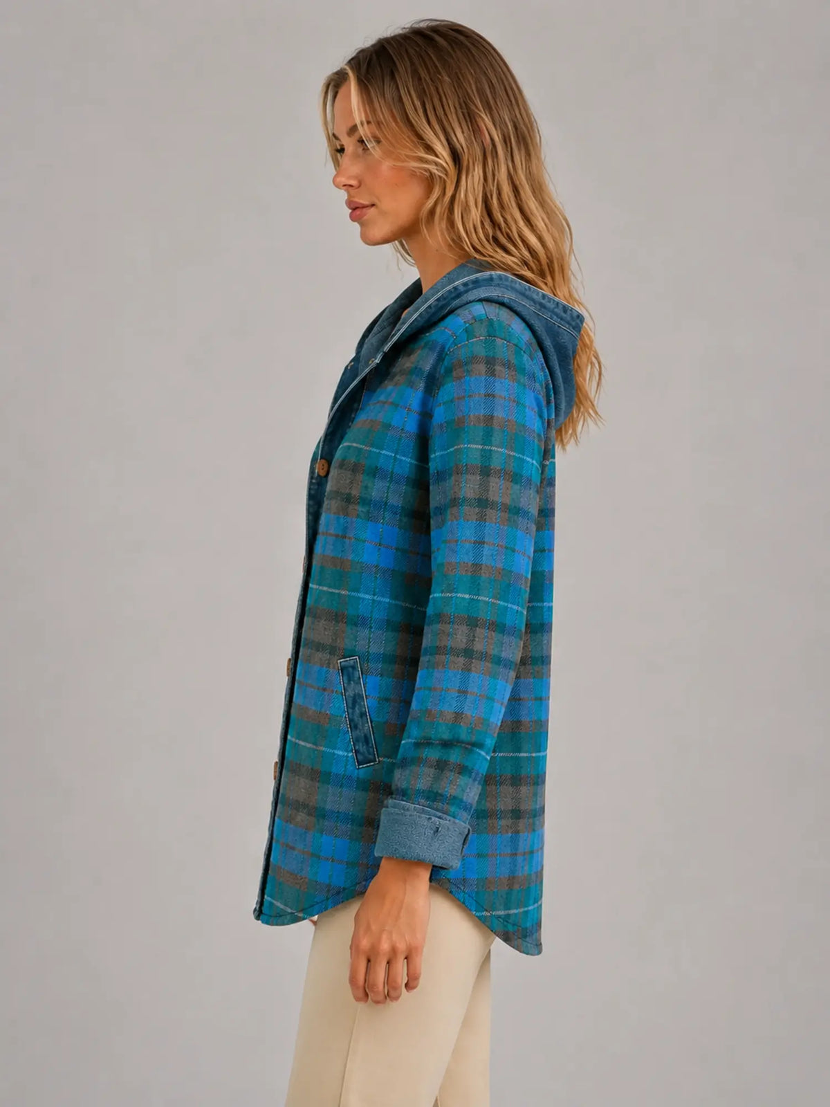 Women's Hooded Plaid Denim Shacket – Relaxed Layering Style in teal blue plaid, side view