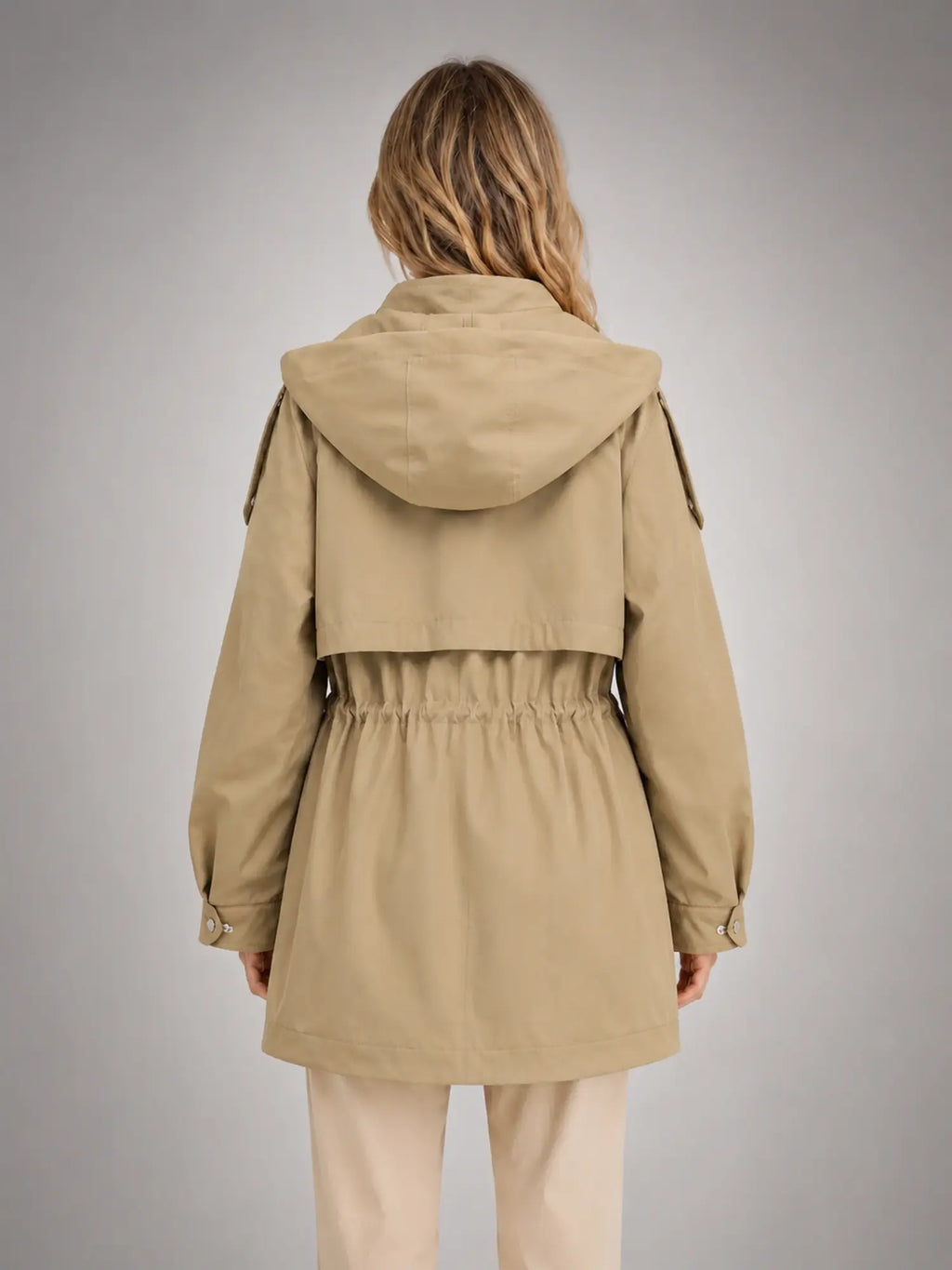 Women's Hooded Utility Jacket – Casual Lightweight Outerwear in beige, back view