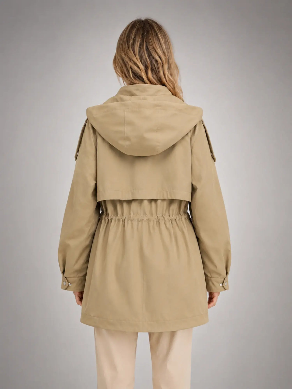 Women's Hooded Utility Jacket – Casual Lightweight Outerwear in beige, back view