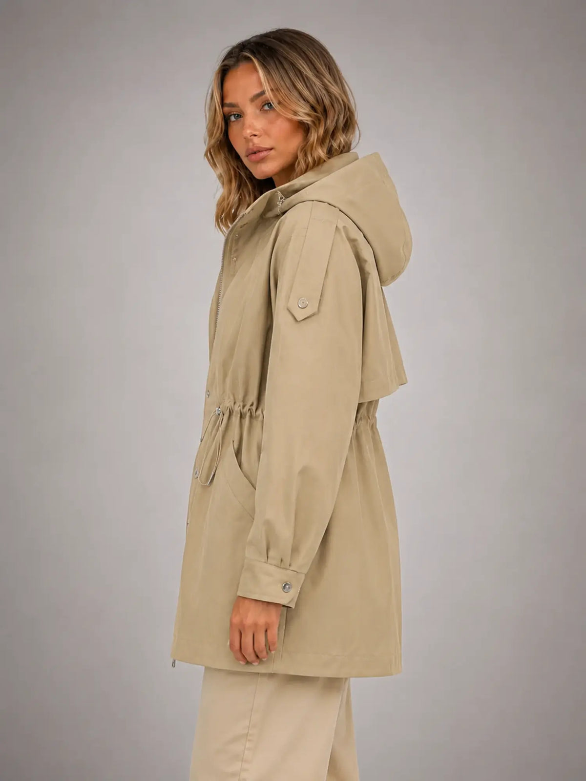 Women's Hooded Utility Jacket – Casual Lightweight Outerwear in beige, side view