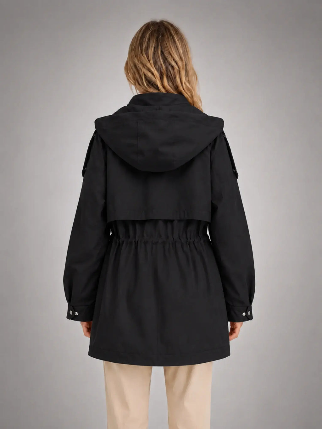 Women's Hooded Utility Jacket – Casual Lightweight Outerwear in black, back view