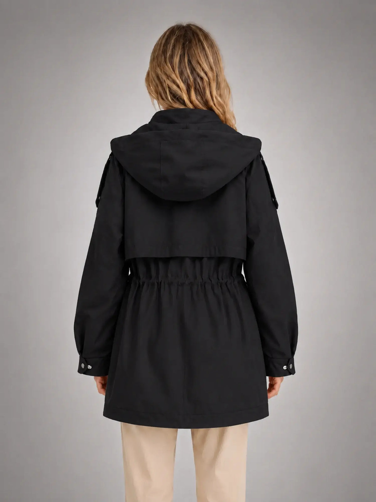 Women's Hooded Utility Jacket – Casual Lightweight Outerwear in black, back view