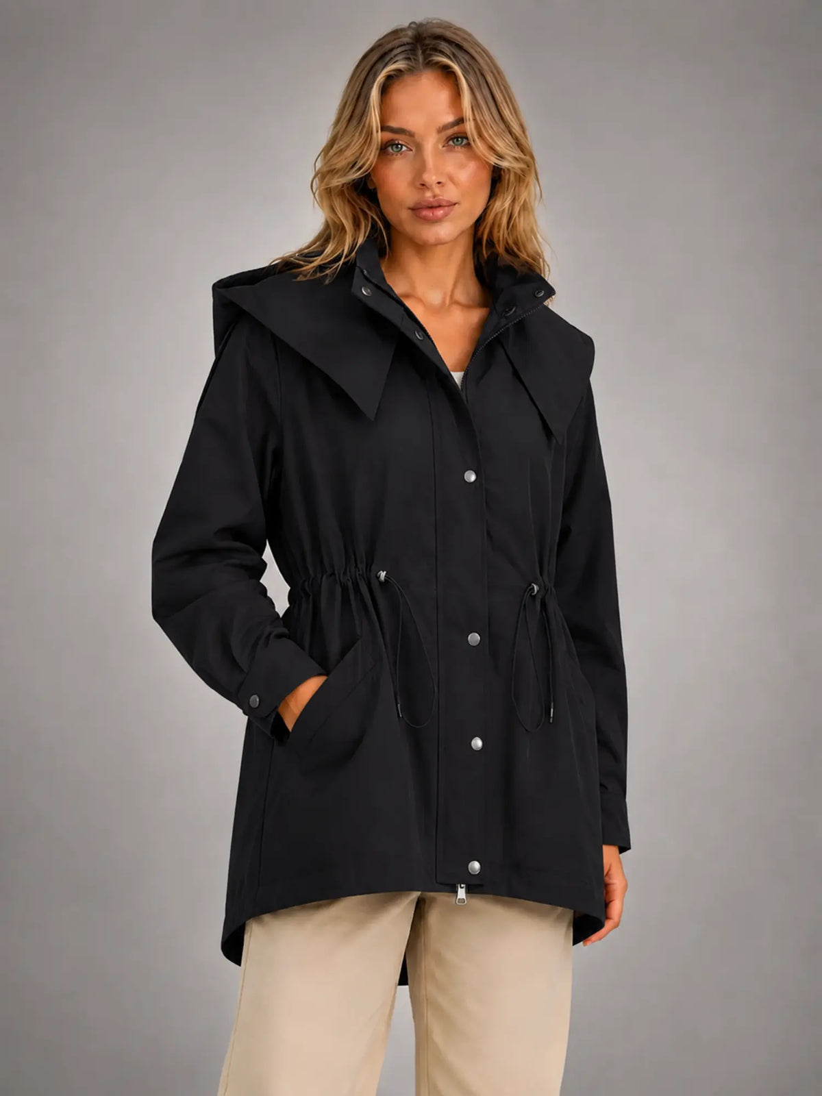 Women's Hooded Utility Jacket – Casual Lightweight Outerwear in black, hover view
