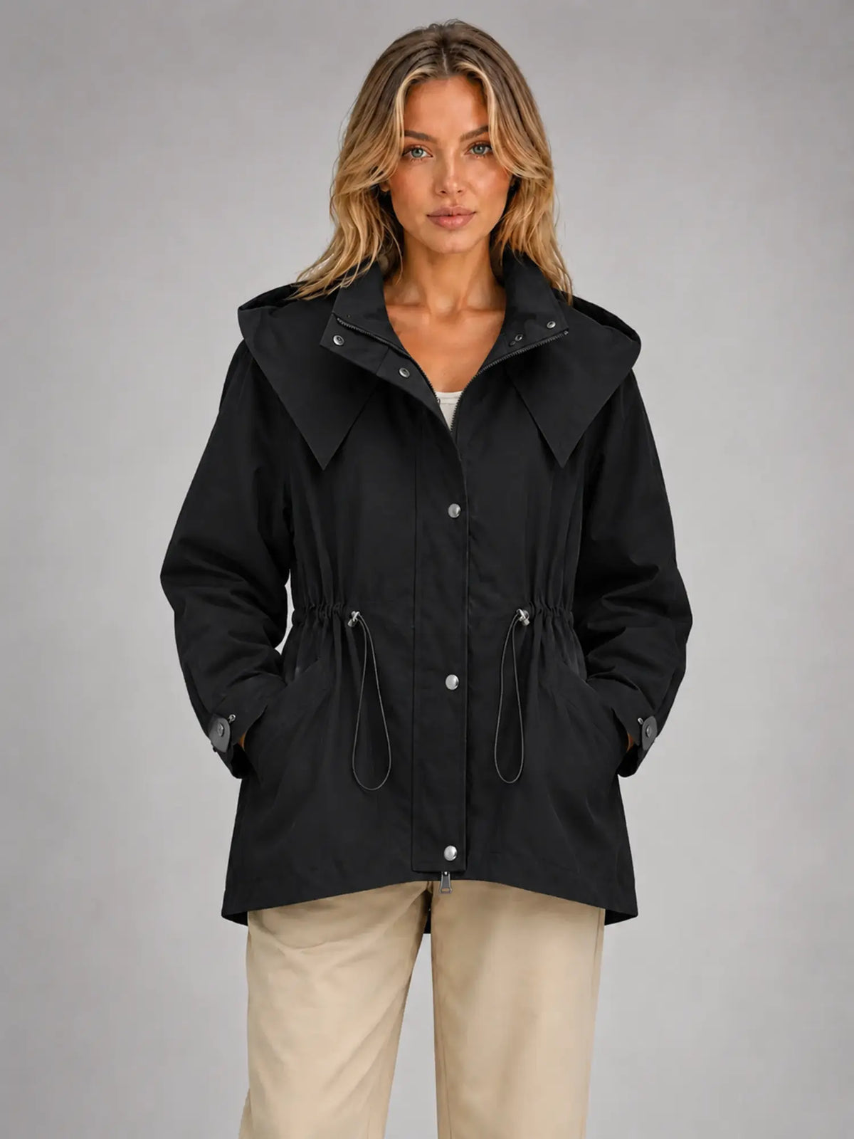 Women's Hooded Utility Jacket – Casual Lightweight Outerwear in black, main view