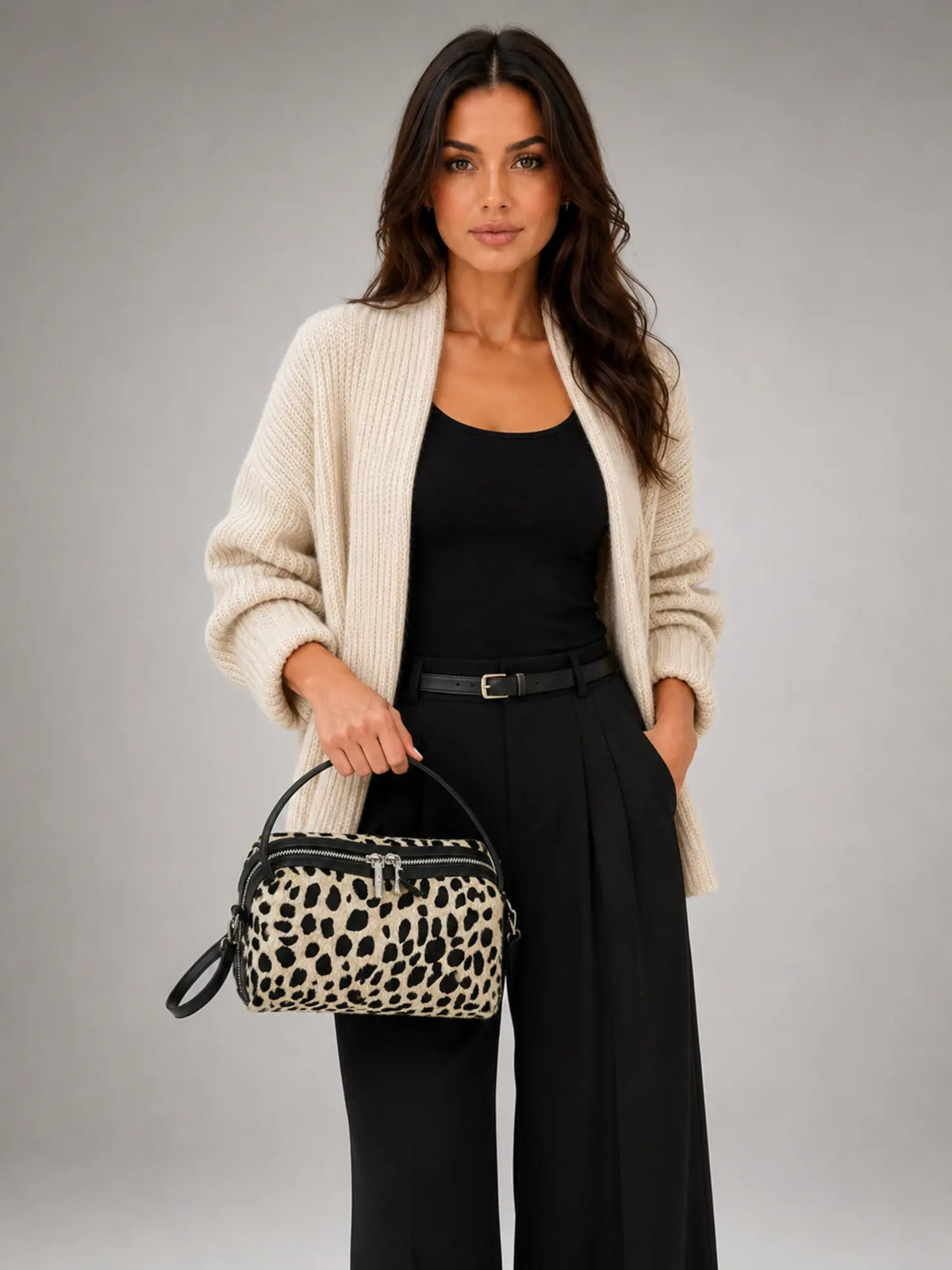 Women's Leopard Print Mini Bag – Double-Zip Crossbody Style in leopard, lifestyle view