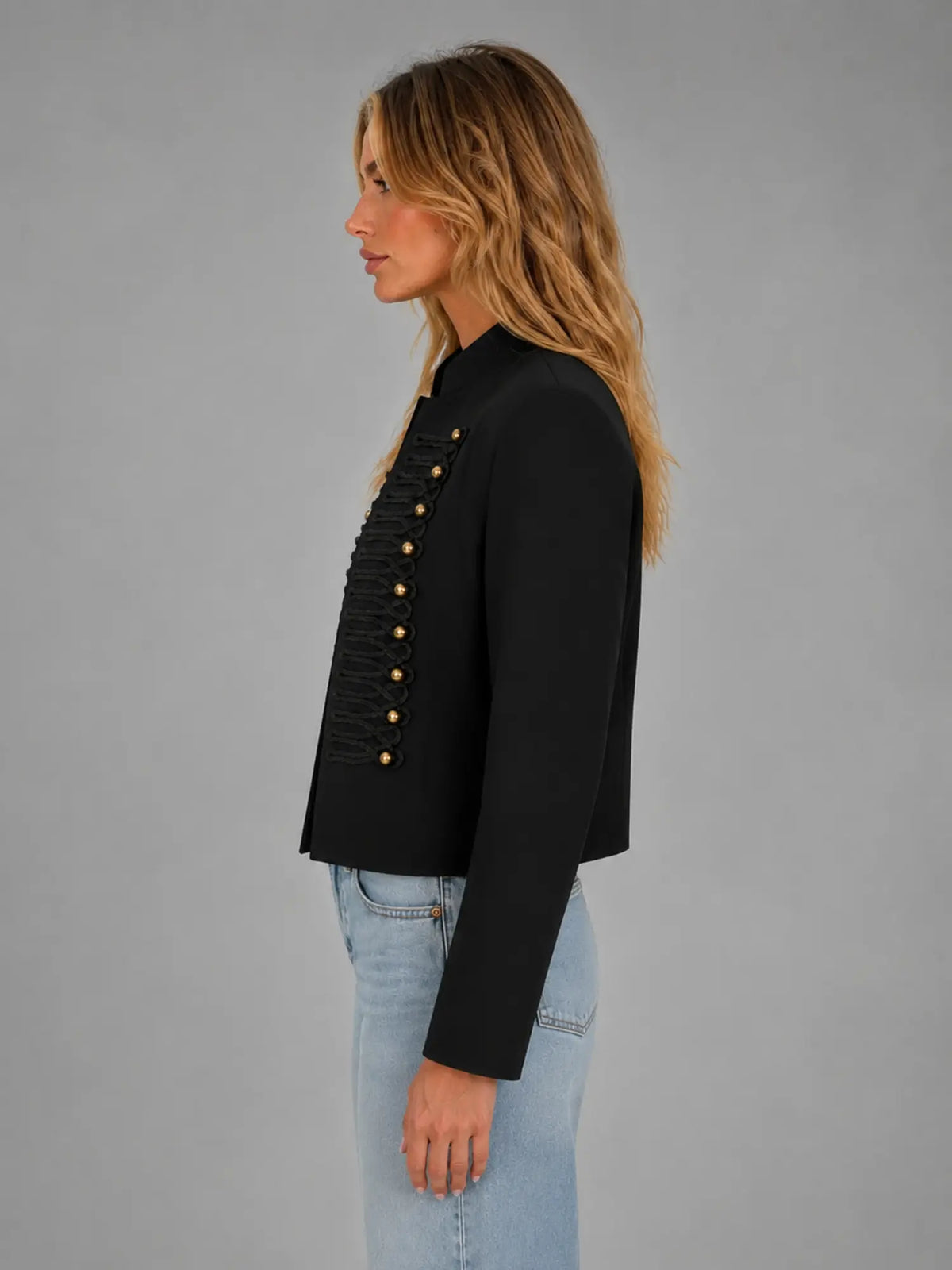 Women's Cropped Military Jacket – Structured Statement Style in black, side view
