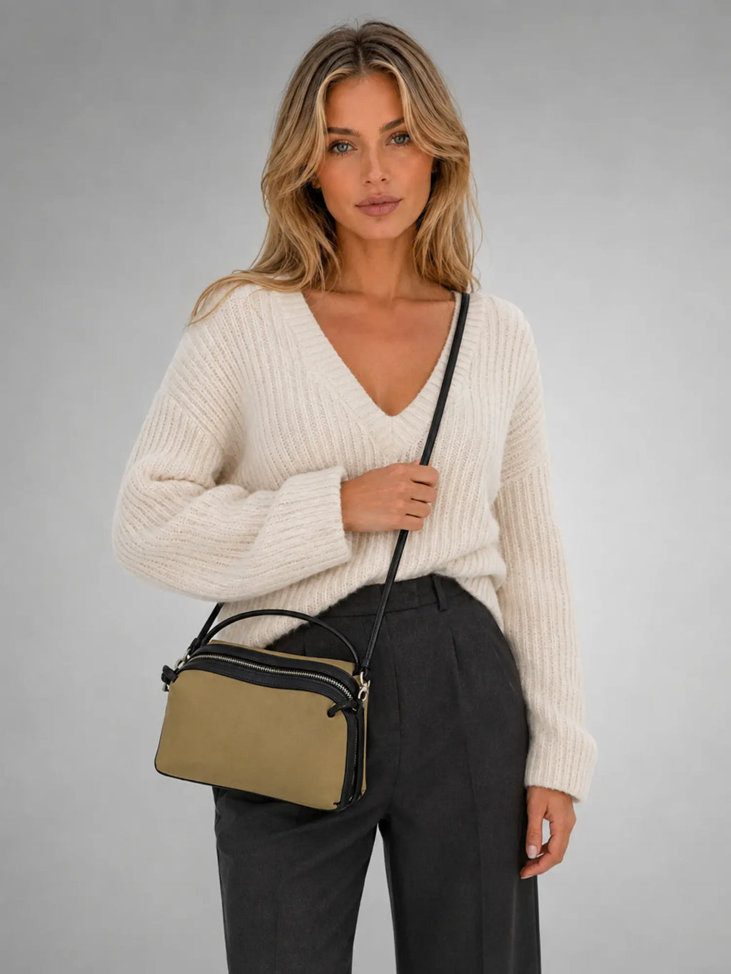 Women's Mini Double-Zip Crossbody Bag – Compact Everyday Style in olive, lifestyle view