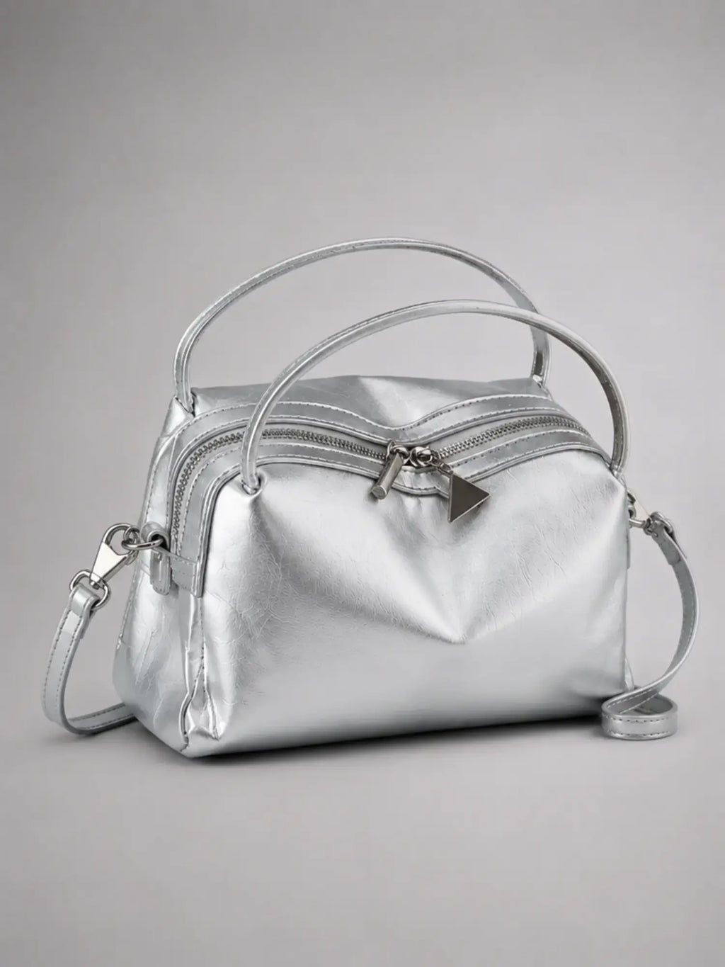 Women's Mini Double-Zip Crossbody Bag – Compact Everyday Style in silver, hover view