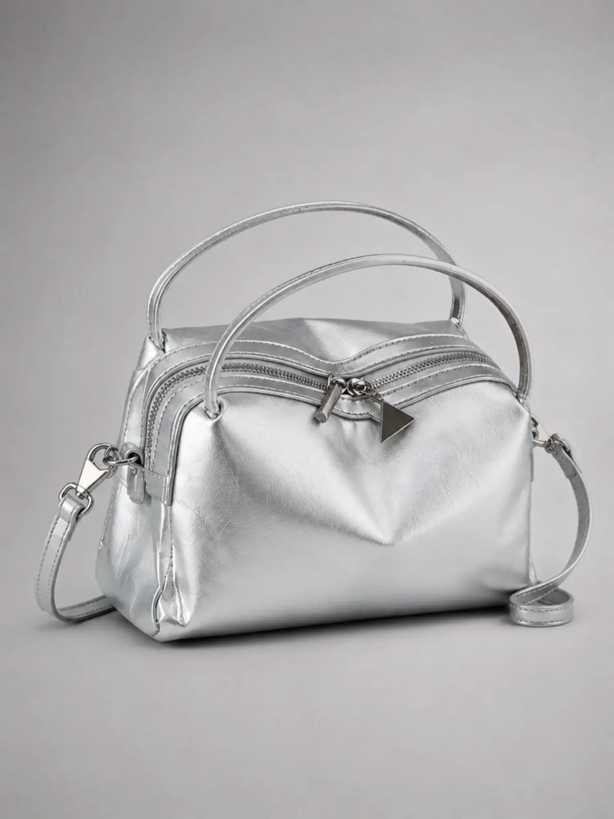 Women's Mini Double-Zip Crossbody Bag – Compact Everyday Style in silver, hover view