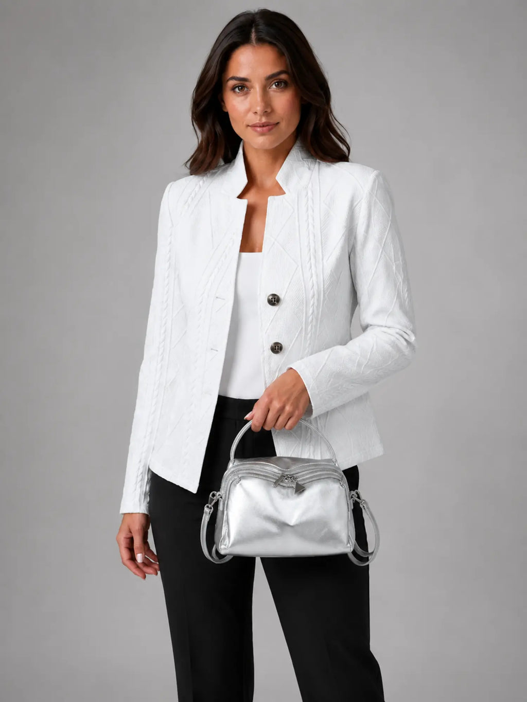 Women's Mini Double-Zip Crossbody Bag – Compact Everyday Style in silver, lifestyle view