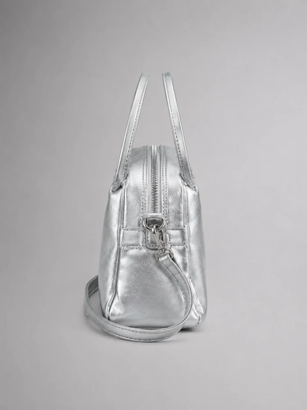 Women's Mini Double-Zip Crossbody Bag – Compact Everyday Style in silver, side view