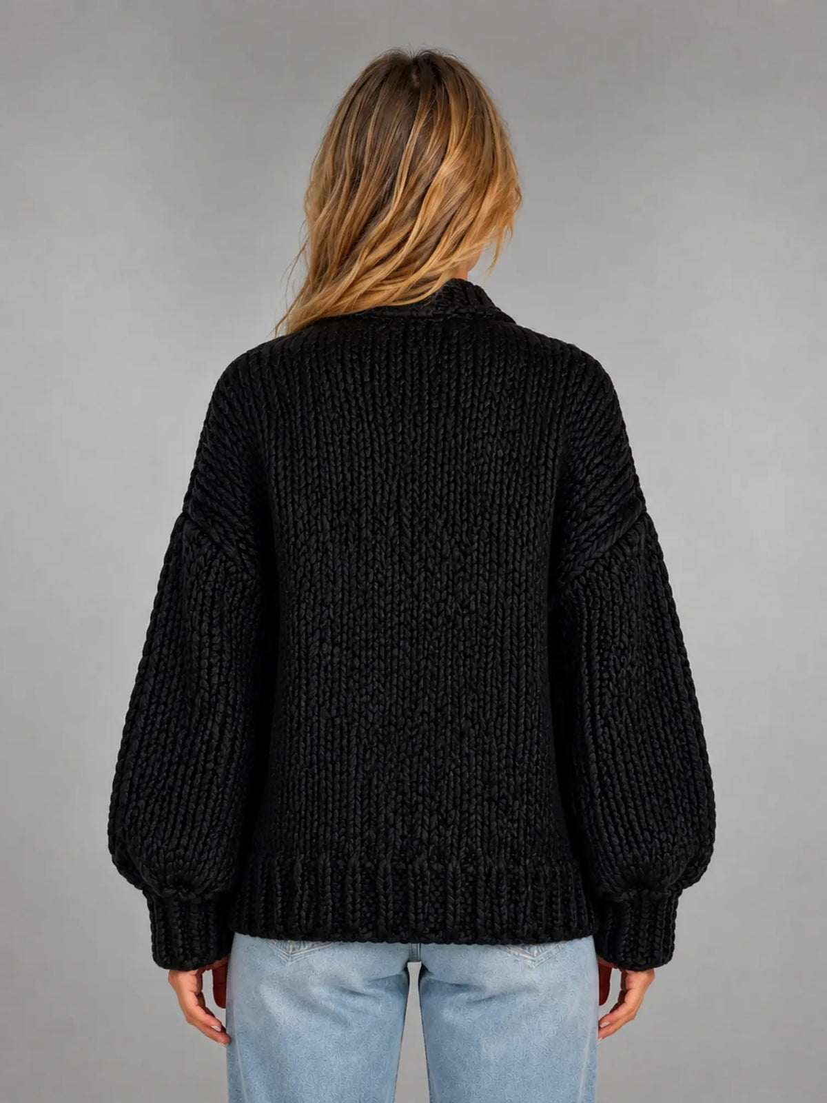 Women's Oversized Chunky Cardigan – Relaxed Longline Knit in black, back view