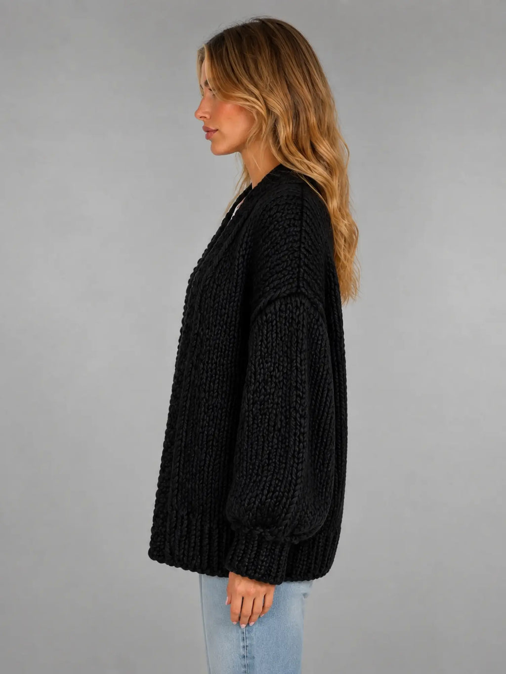 Women's Oversized Chunky Cardigan – Relaxed Longline Knit in black, side view
