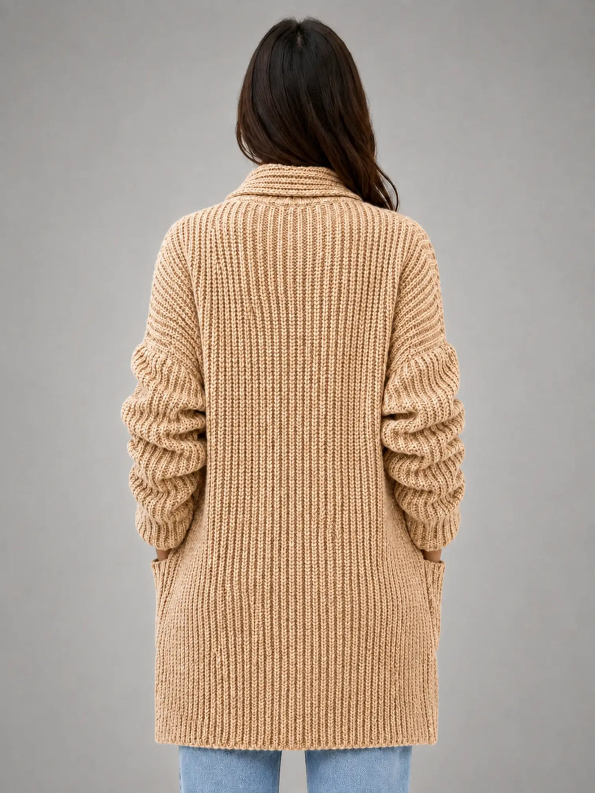 Women's Oversized Chunky Cardigan – Relaxed Longline Knit in camel, back view