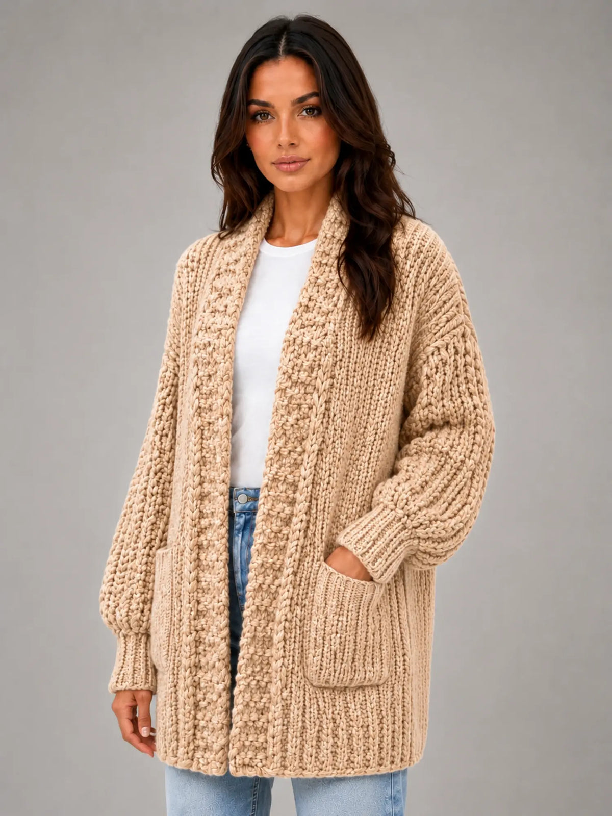 Women's Oversized Chunky Cardigan – Relaxed Longline Knit in camel, hover view