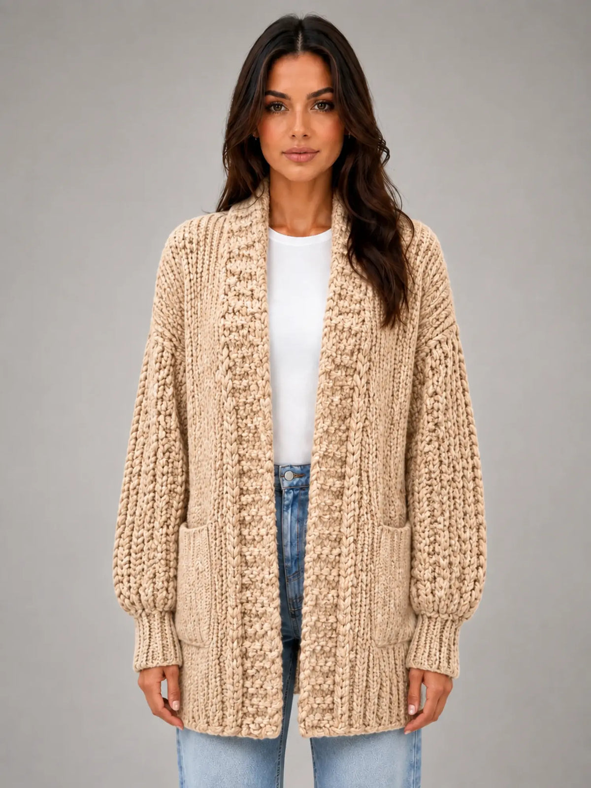Women's Oversized Chunky Cardigan – Relaxed Longline Knit in camel, main view
