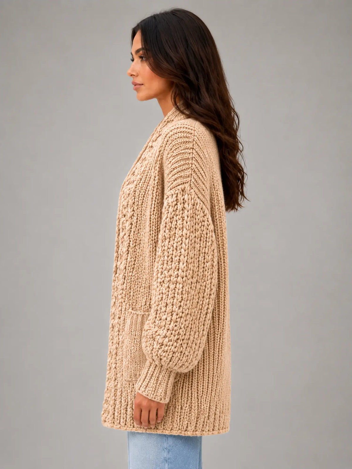 Women's Oversized Chunky Cardigan – Relaxed Longline Knit in camel, side view