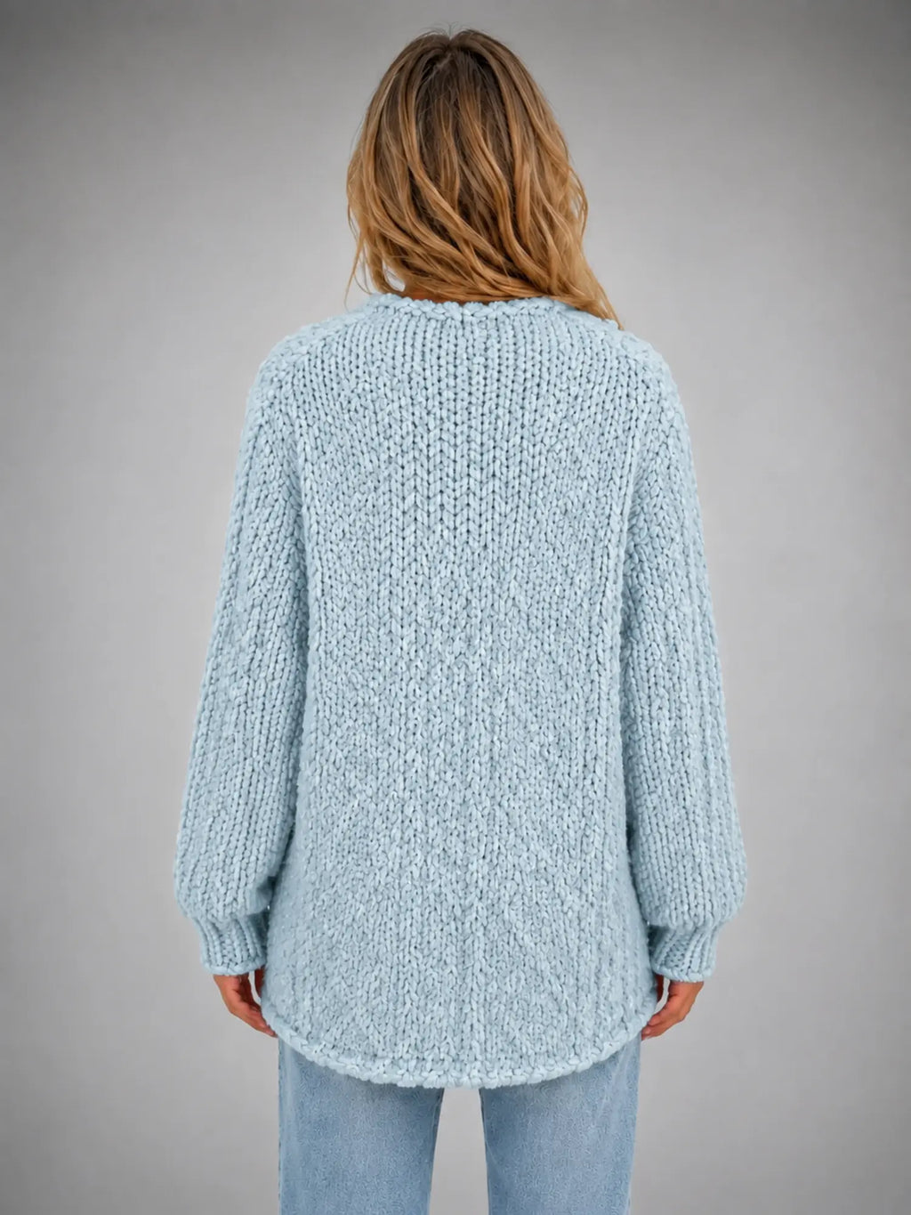 Women's Oversized Chunky Cardigan – Relaxed Longline Knit in light blue, back view