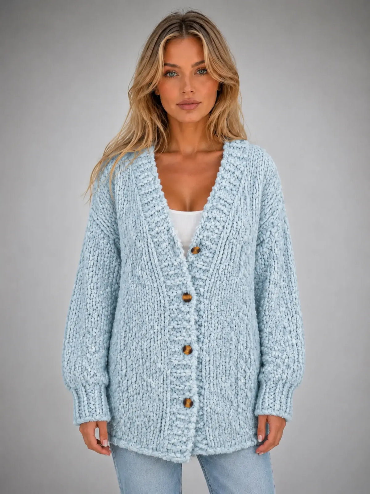 Women's Oversized Chunky Cardigan – Relaxed Longline Knit in light blue, main view