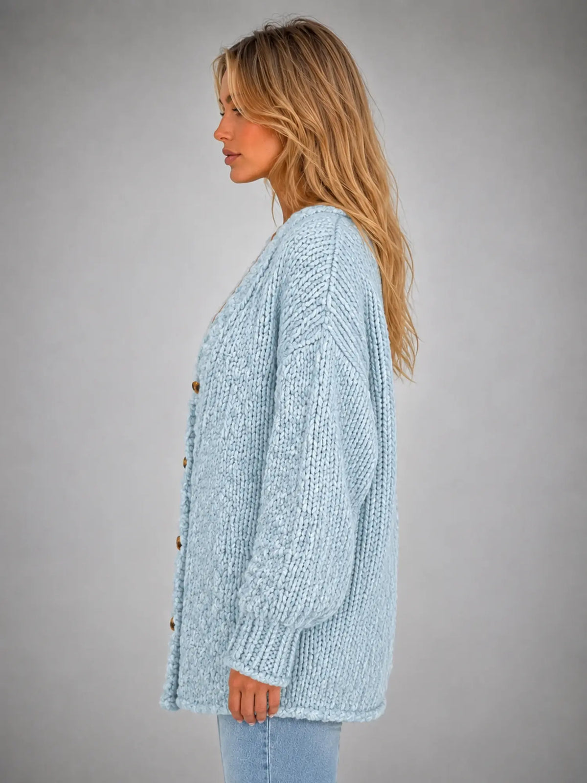 Women's Oversized Chunky Cardigan – Relaxed Longline Knit in light blue, side view