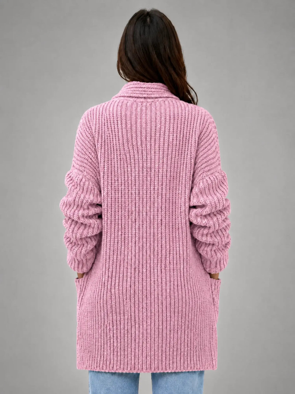 Women's Oversized Chunky Cardigan – Relaxed Longline Knit in pink, back view